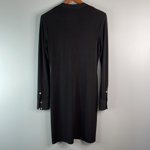 CALVIN KLEIN Long Sleeve Shirt Dress Black Preppy Gold Buttons Collarless Size 4 - Picture 7 of 11